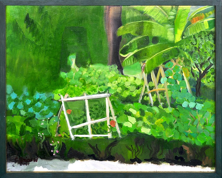 View at the botanical gardens, 56x46cm, oil on wood, dated 2001.