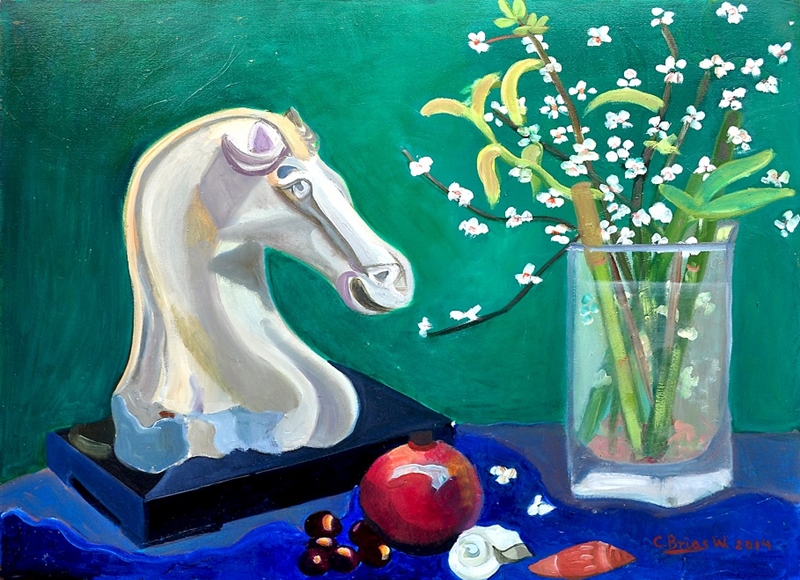 Chinese marble horse still life, oil on wood, dated 2014.